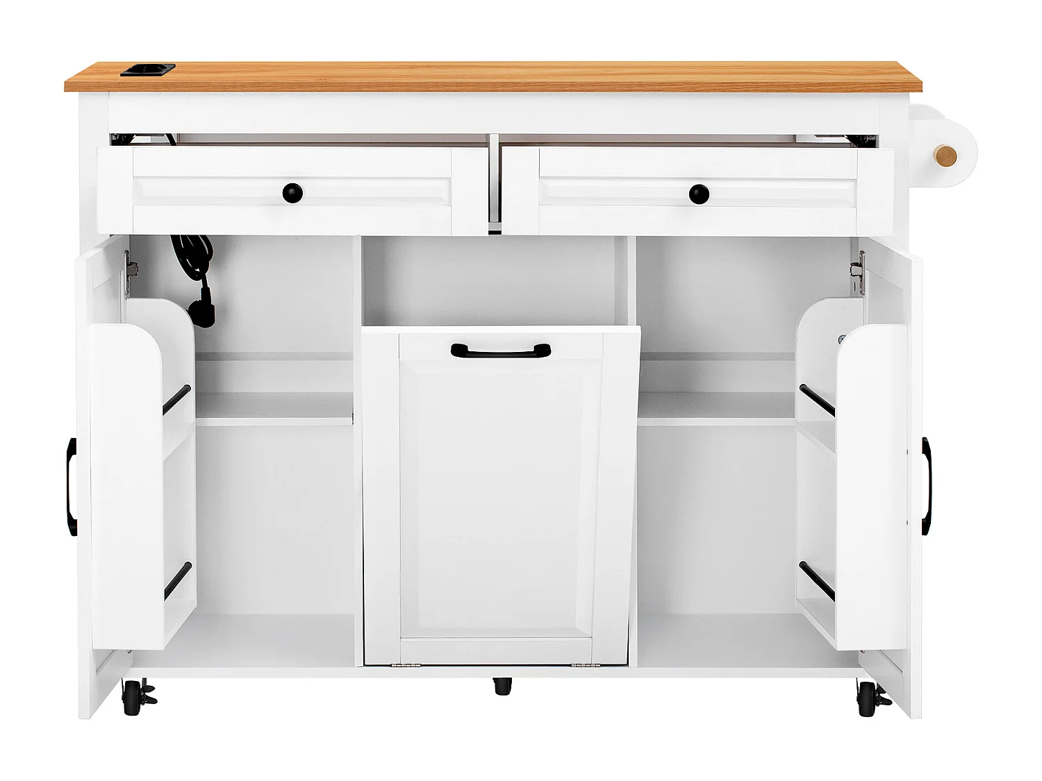 Îlot de cuisine couleur blanc et bois - Avec prise électrique et compartiment poubelle - Plateau télescopique