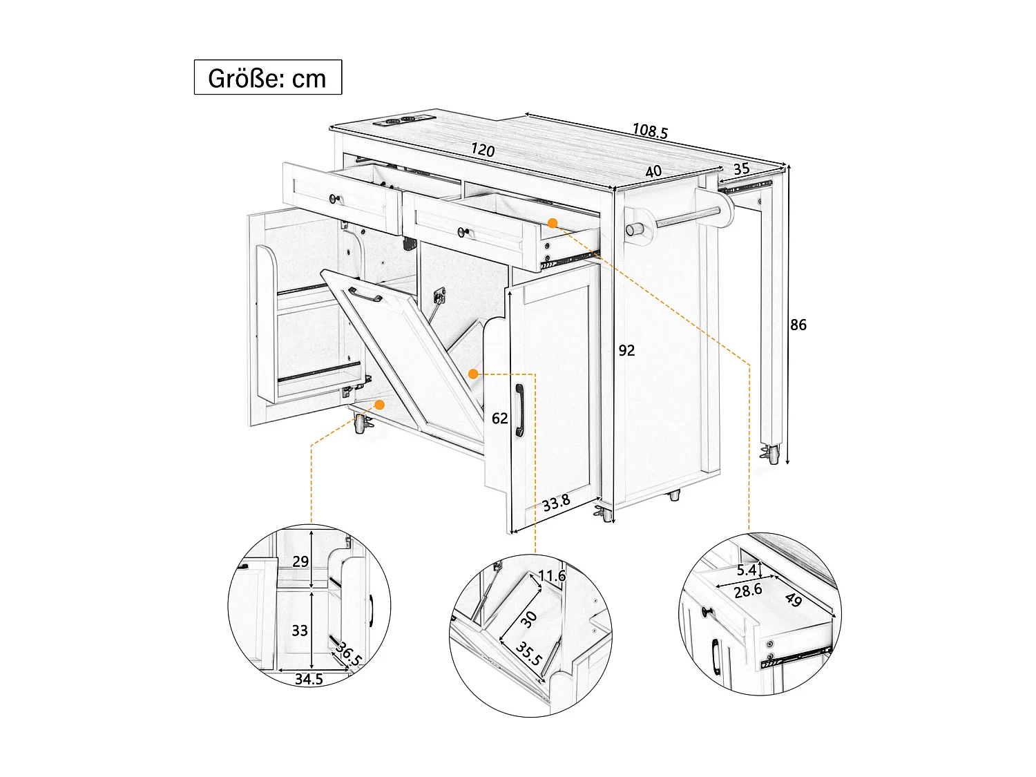 Îlot de cuisine couleur blanc et bois - Avec prise électrique et compartiment poubelle - Plateau télescopique