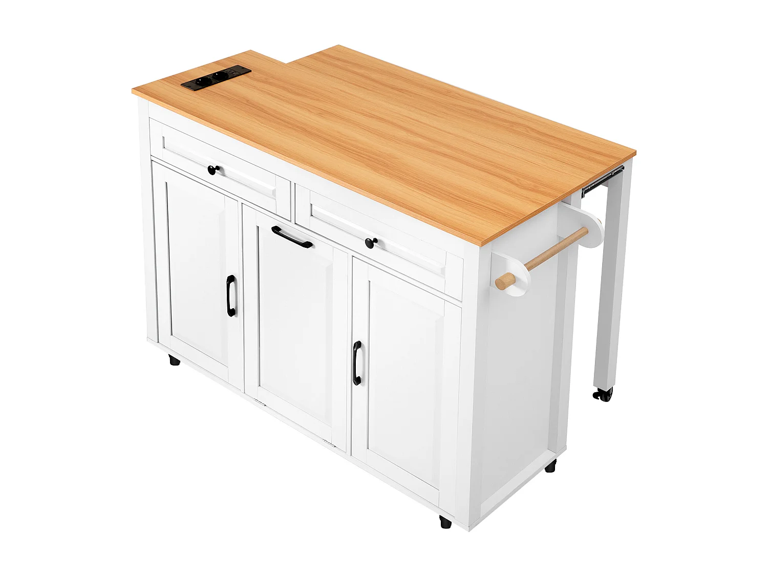 Îlot de cuisine couleur blanc et bois - Avec prise électrique et compartiment poubelle - Plateau télescopique