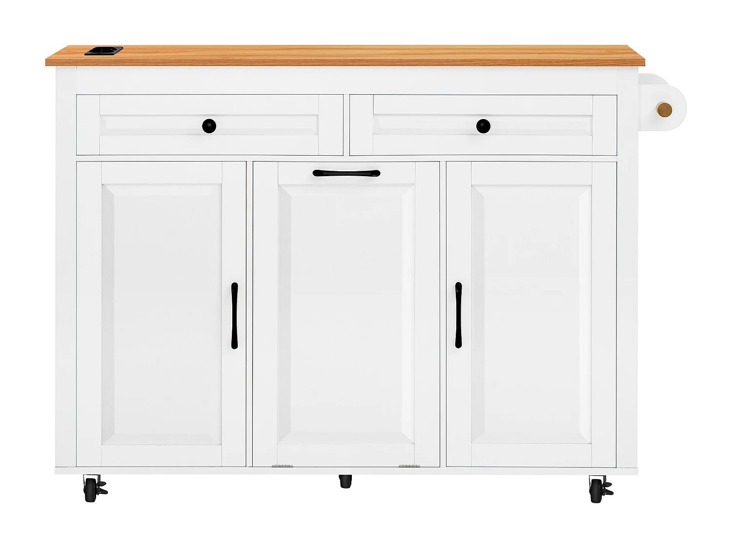 Îlot de cuisine couleur blanc et bois - Avec prise électrique et compartiment poubelle - Plateau télescopique