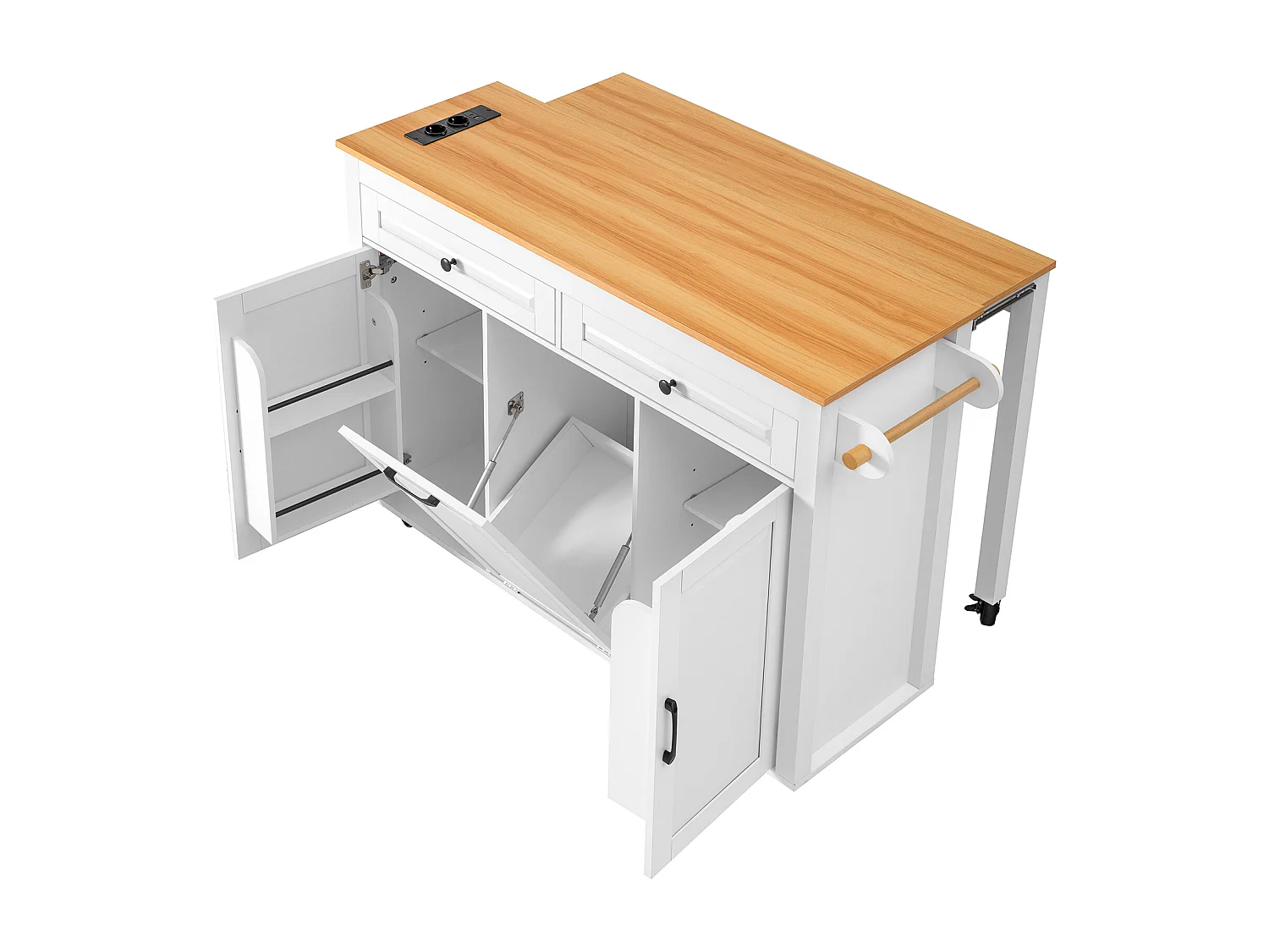 Îlot de cuisine couleur blanc et bois - Avec prise électrique et compartiment poubelle - Plateau télescopique