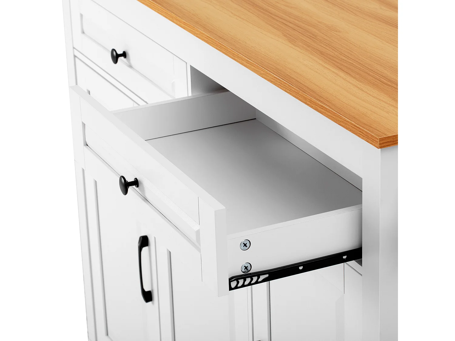 Îlot de cuisine couleur blanc et bois - Avec prise électrique et compartiment poubelle - Plateau télescopique