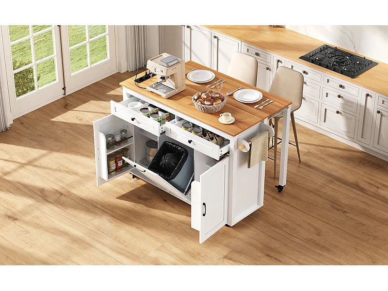 Îlot de cuisine couleur blanc et bois - Avec prise électrique et compartiment poubelle - Plateau télescopique