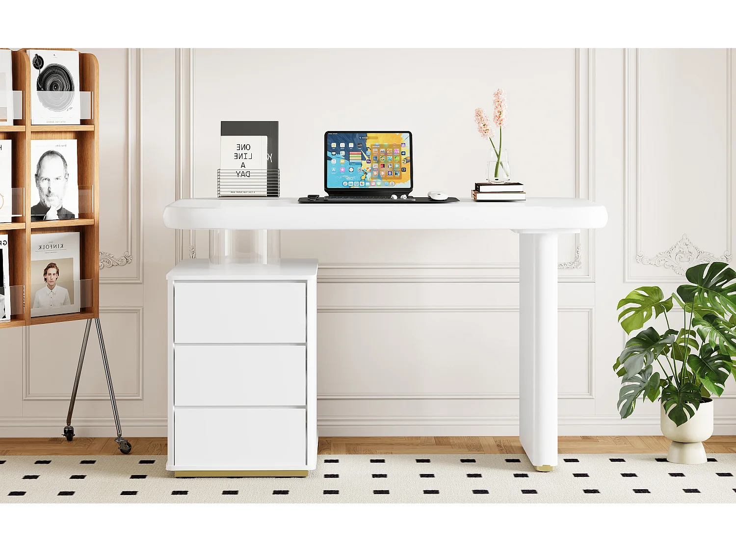 Bureau avec 3 tiroirs - Courbes arrondies - Finition laquée blanche