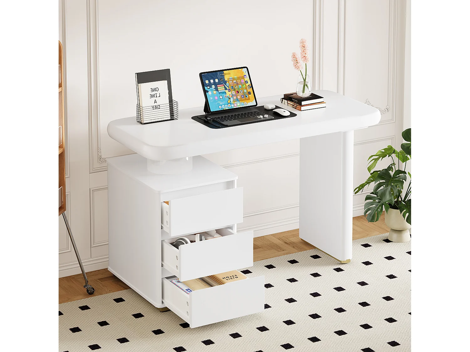 Bureau avec 3 tiroirs - Courbes arrondies - Finition laquée blanche