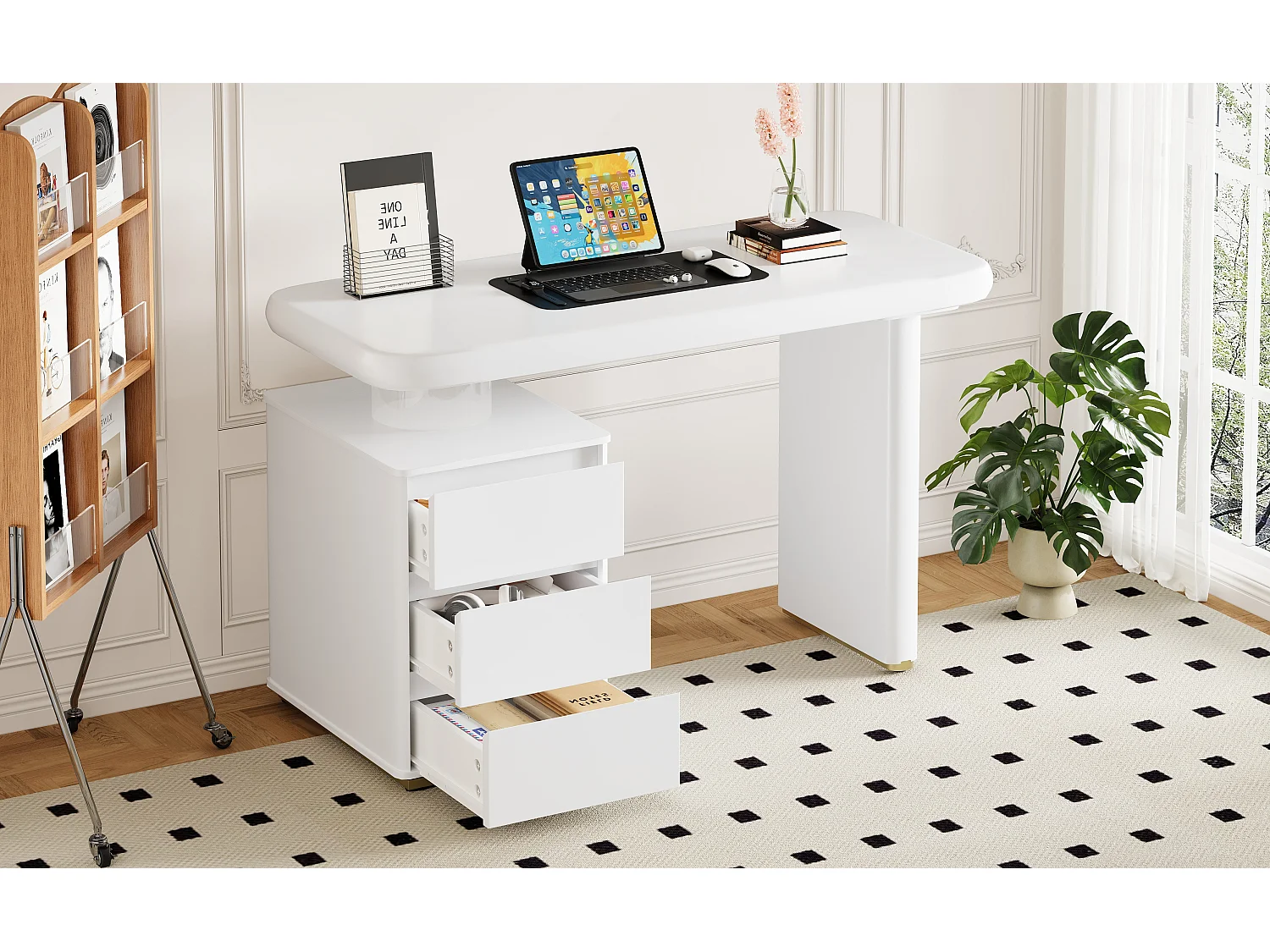 Bureau avec 3 tiroirs - Courbes arrondies - Finition laquée blanche