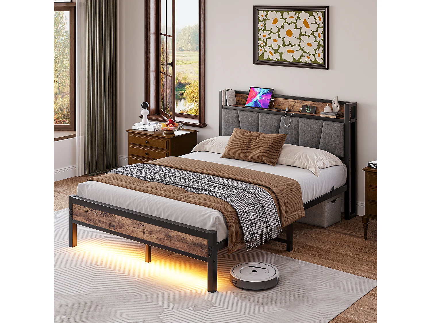 Lit adulte 140x190cm avec LED et USB - Cadre de lit avec sommier à lattes métallique - Noir et bois