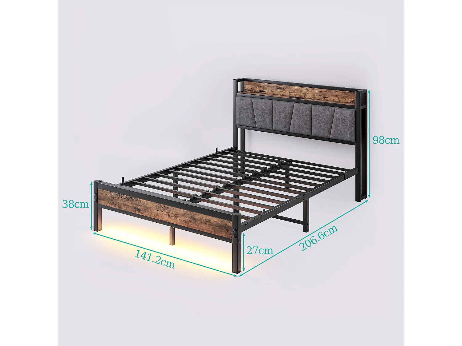 Lit adulte 140x190cm avec LED et USB - Cadre de lit avec sommier à lattes métallique - Noir et bois