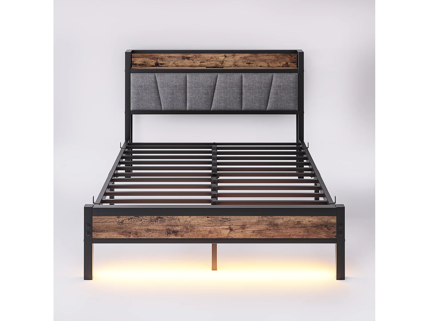 Lit adulte 140x190cm avec LED et USB - Cadre de lit avec sommier à lattes métallique - Noir et bois