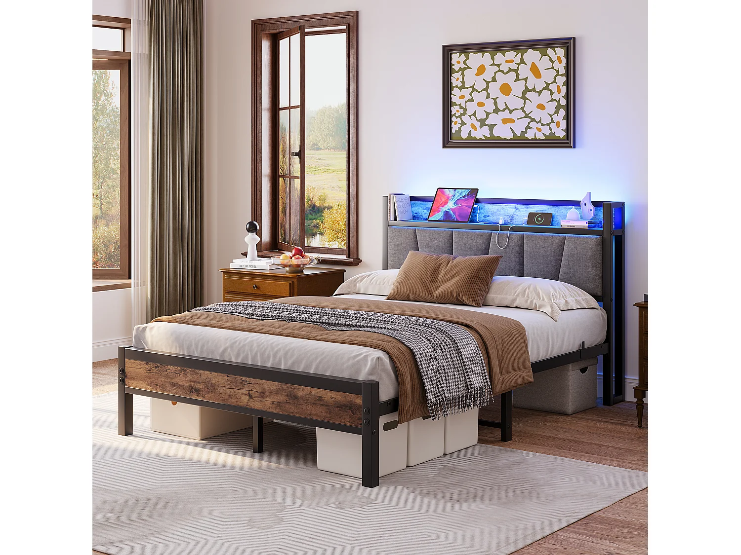 Lit adulte 140x190cm avec LED et USB - Cadre de lit avec sommier à lattes métallique - Noir et bois