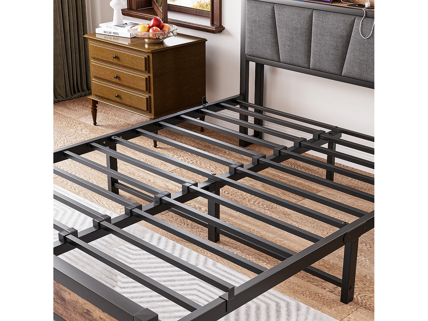 Lit adulte 140x190cm avec LED et USB - Cadre de lit avec sommier à lattes métallique - Noir et bois