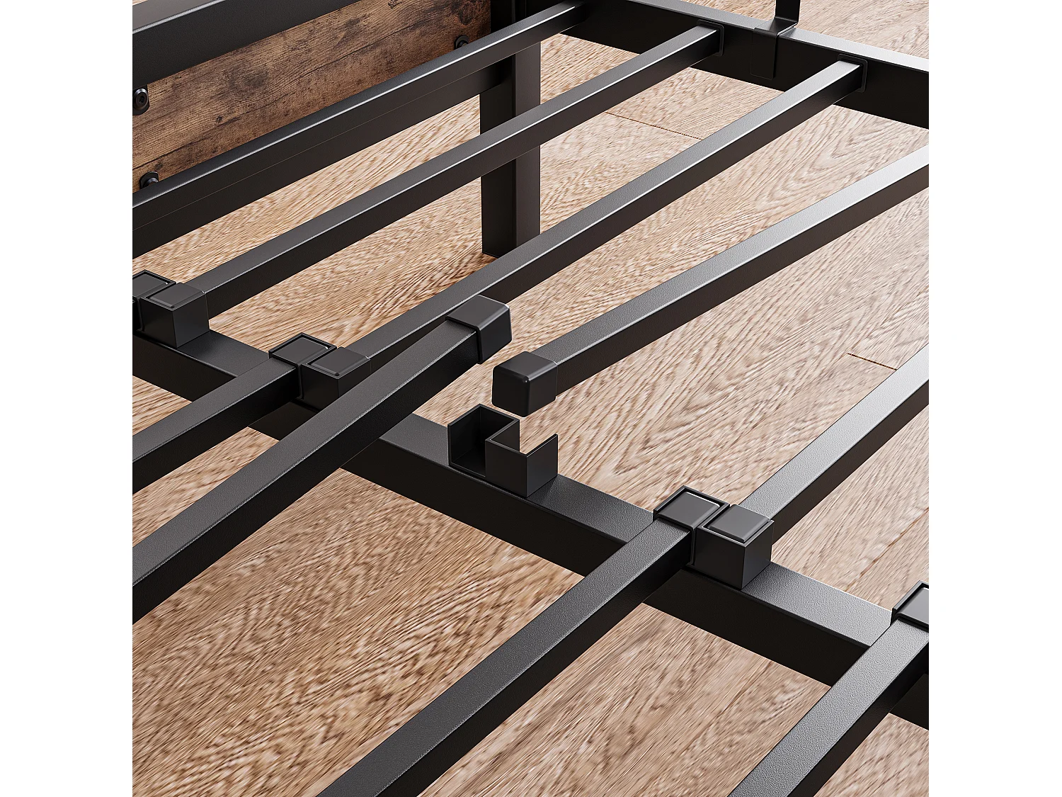 Lit adulte 140x190cm avec LED et USB - Cadre de lit avec sommier à lattes métallique - Noir et bois