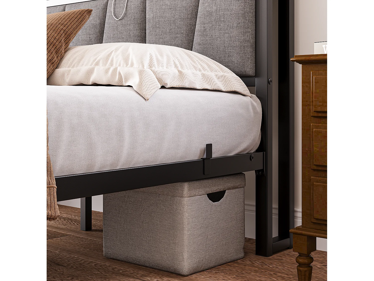 Lit adulte 140x190cm avec LED et USB - Cadre de lit avec sommier à lattes métallique - Noir et bois