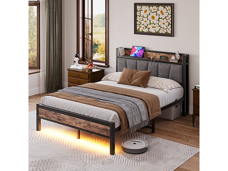 Lit adulte 140x190cm avec LED et USB - Cadre de lit avec sommier à lattes métallique - Noir et bois