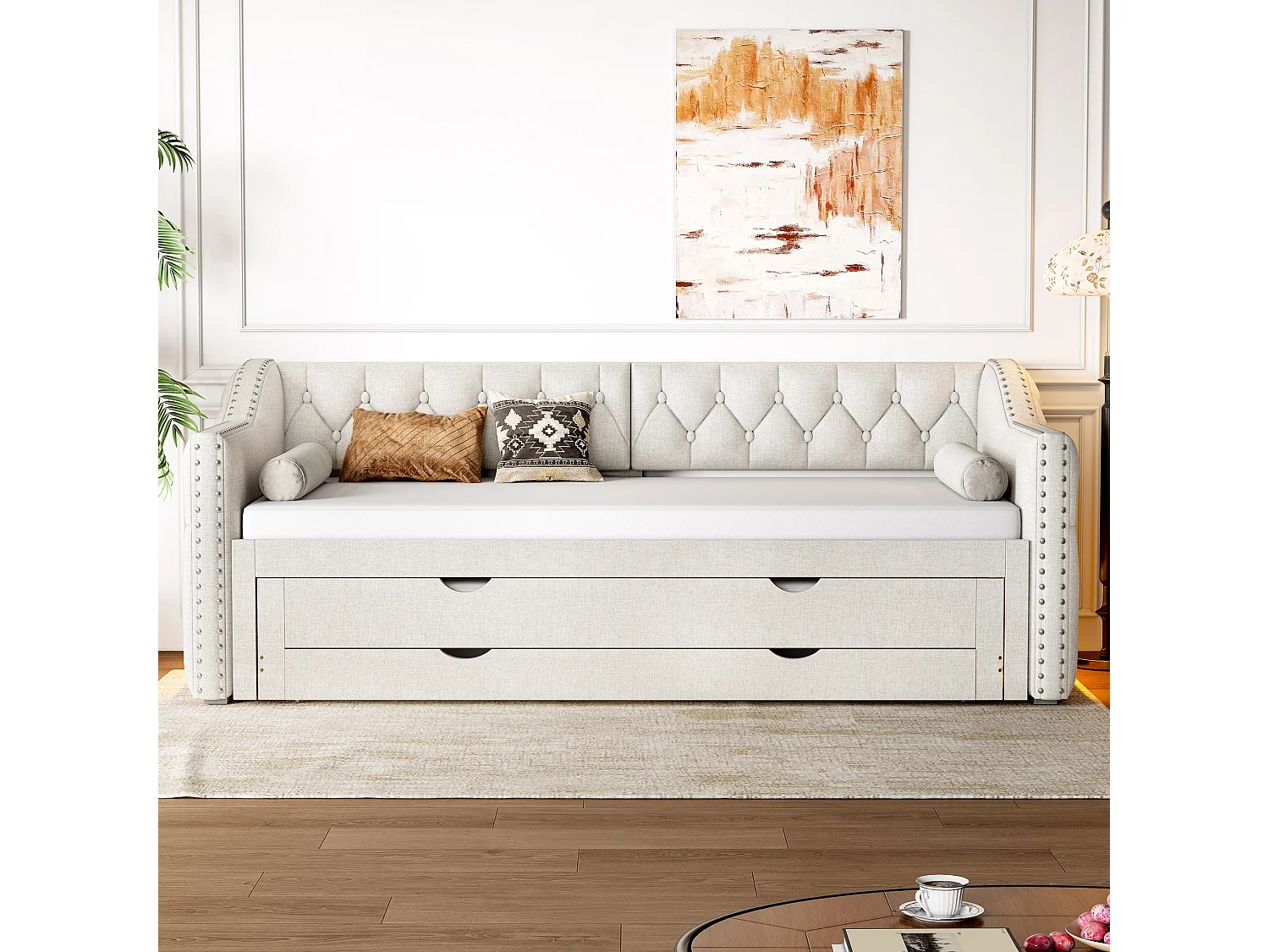 Dagbed 90x200 cm met uitschuifbaar bed 90x190 cm - Kinderbed met 3 lades en ledverlichting in beige linnen