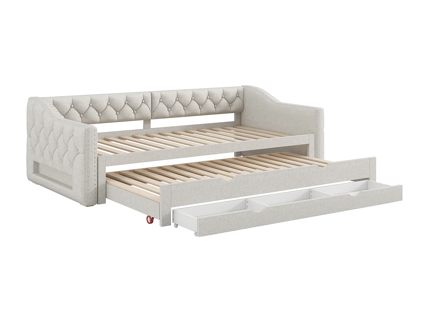 Dagbed 90x200 cm met uitschuifbaar bed 90x190 cm - Kinderbed met 3 lades en ledverlichting in beige linnen