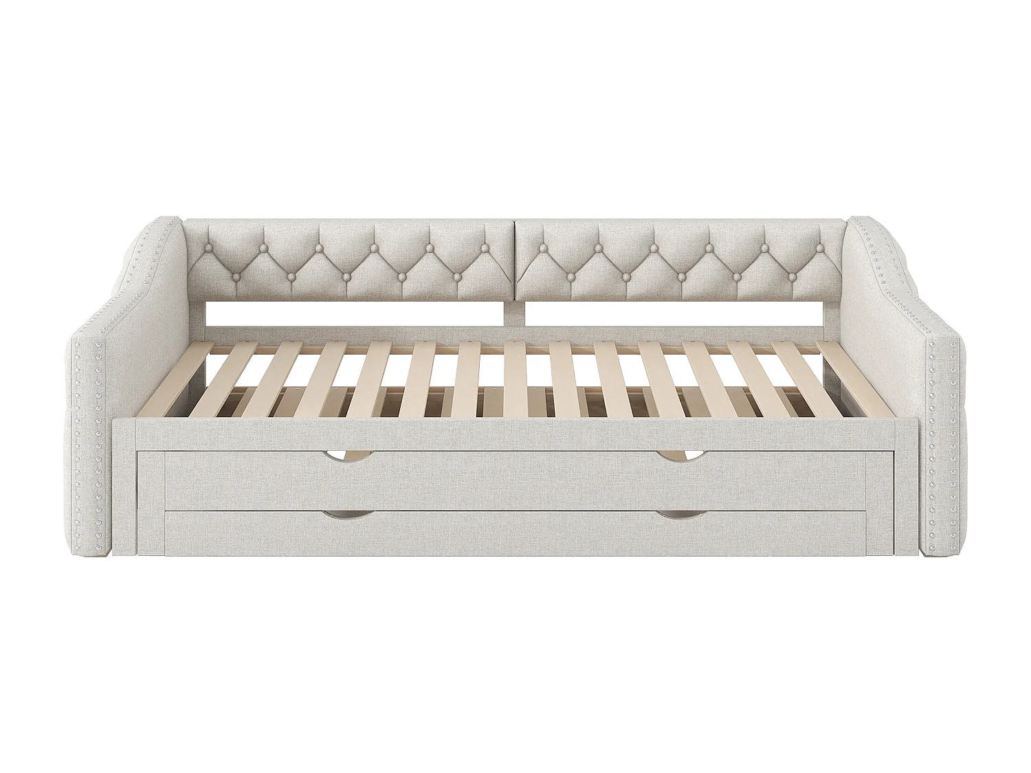 Dagbed 90x200 cm met uitschuifbaar bed 90x190 cm - Kinderbed met 3 lades en ledverlichting in beige linnen