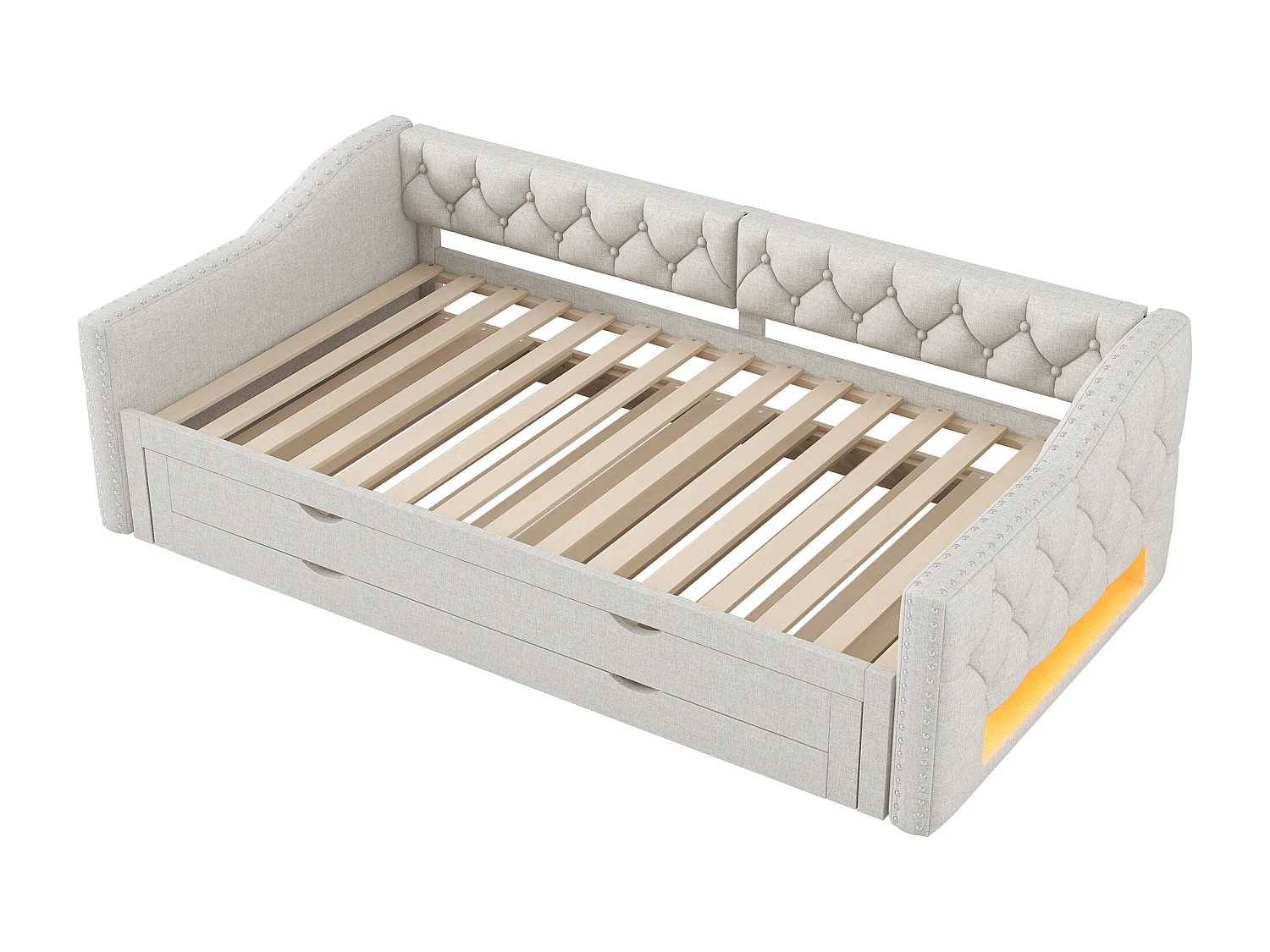 Dagbed 90x200 cm met uitschuifbaar bed 90x190 cm - Kinderbed met 3 lades en ledverlichting in beige linnen