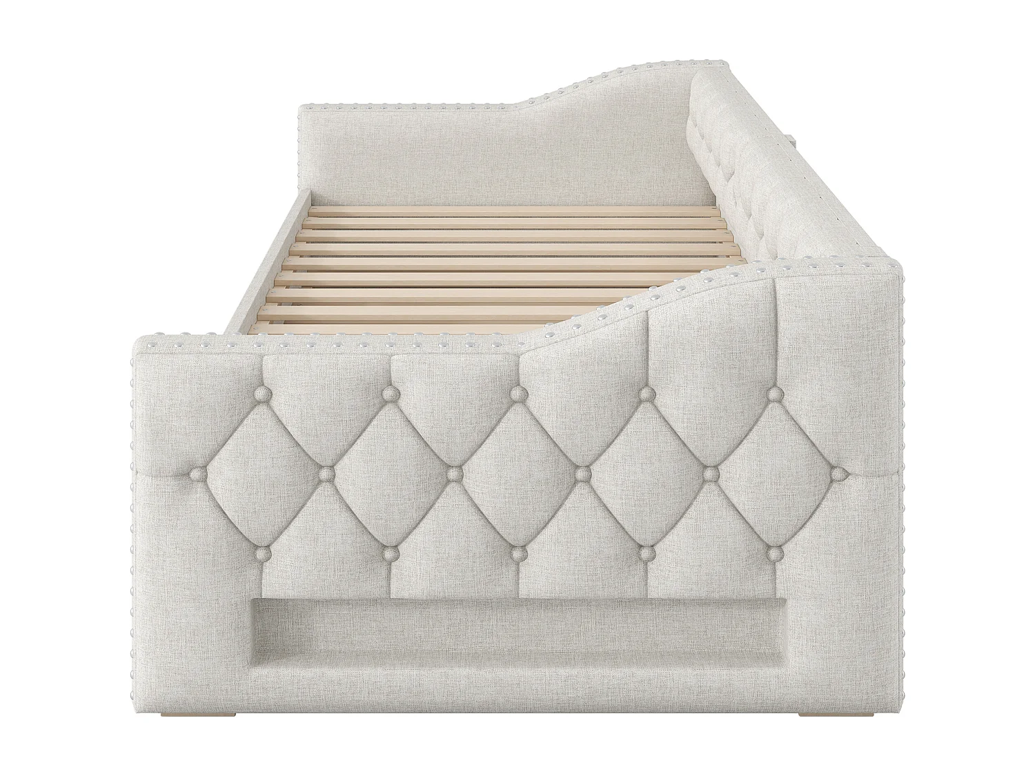 Dagbed 90x200 cm met uitschuifbaar bed 90x190 cm - Kinderbed met 3 lades en ledverlichting in beige linnen