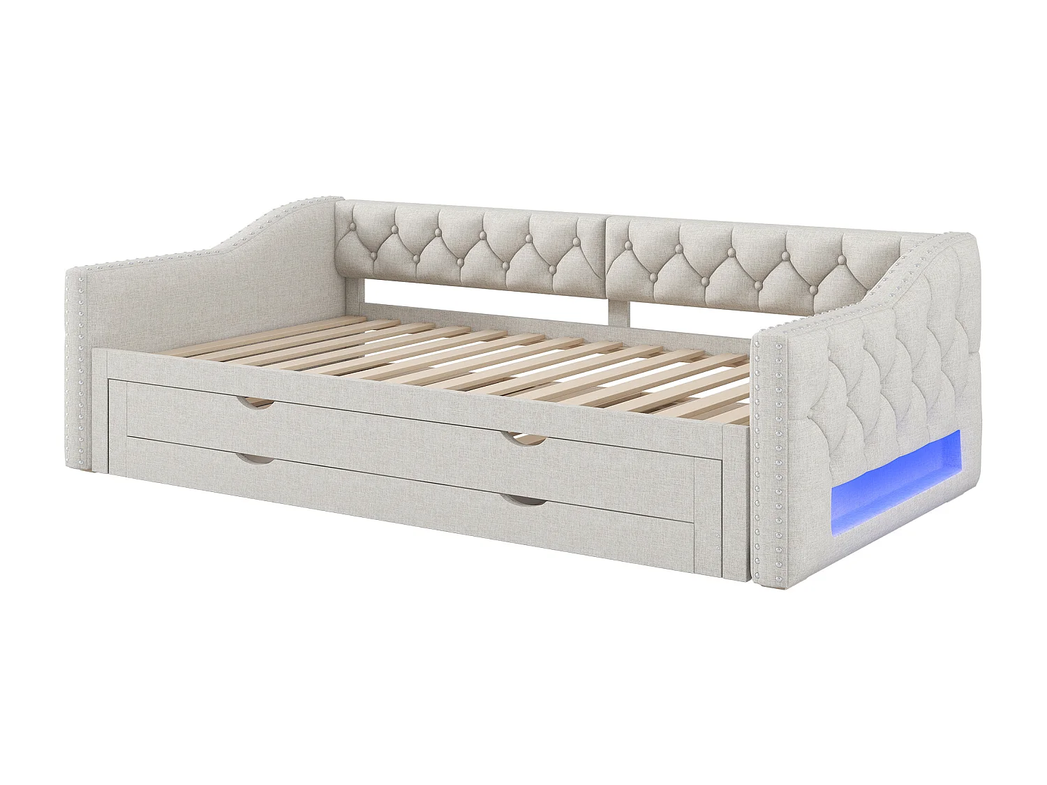 Dagbed 90x200 cm met uitschuifbaar bed 90x190 cm - Kinderbed met 3 lades en ledverlichting in beige linnen