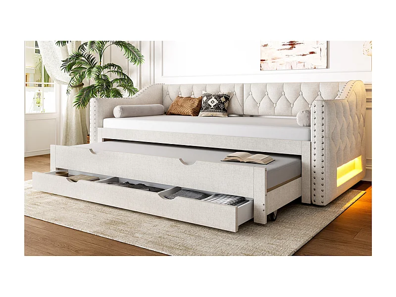 Dagbed 90x200 cm met uitschuifbaar bed 90x190 cm - Kinderbed met 3 lades en ledverlichting in beige linnen