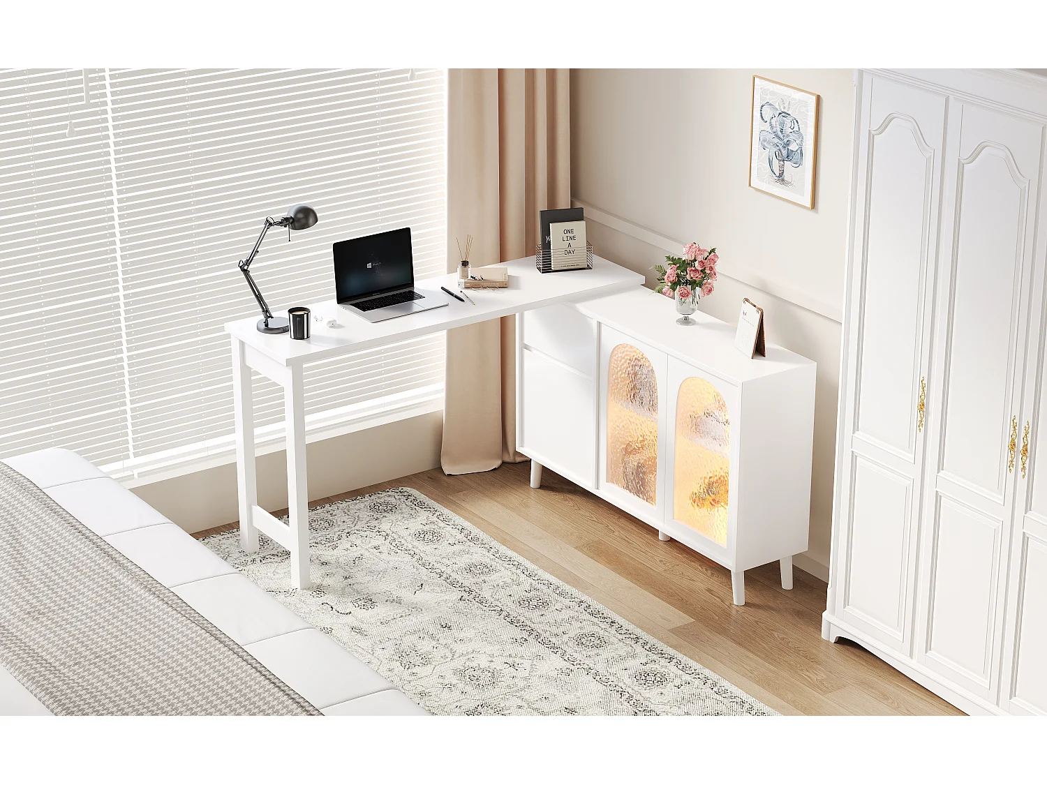 Draaibaar bureau met ledverlichting en opbergruimte - Acryl deuren - Wit