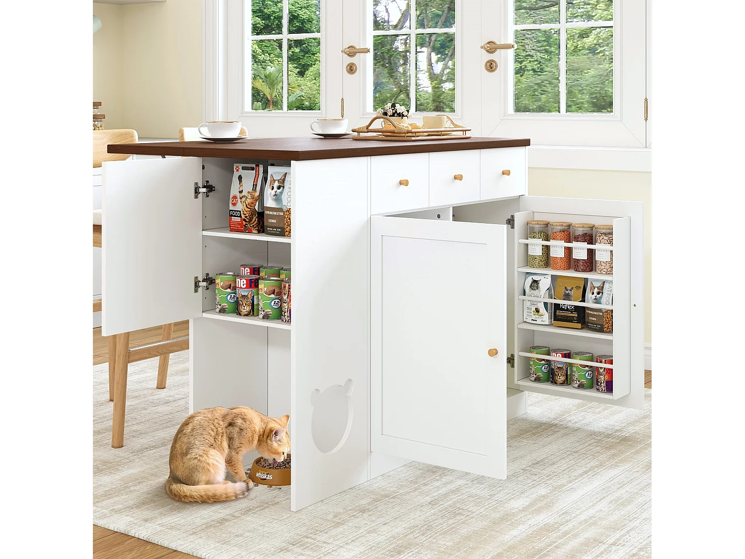 Îlot de cuisine avec 3 portes et 3 tiroirs - Nourrir les animaux - Blanc et noyer