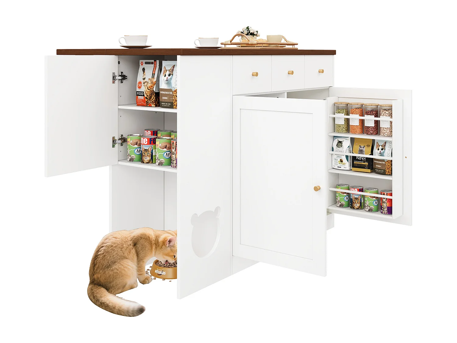 Îlot de cuisine avec 3 portes et 3 tiroirs - Nourrir les animaux - Blanc et noyer