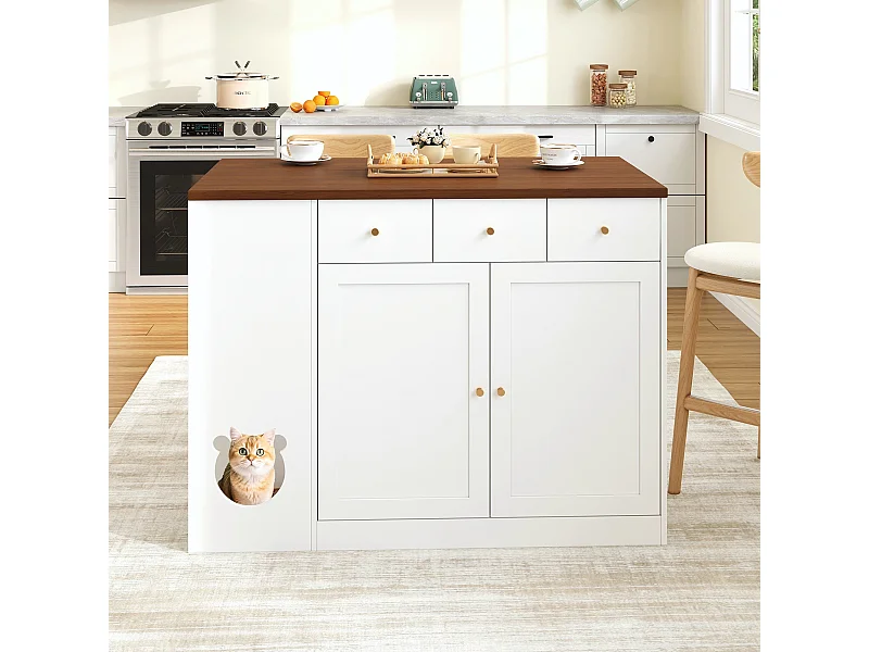 Îlot de cuisine avec 3 portes et 3 tiroirs - Nourrir les animaux - Blanc et noyer