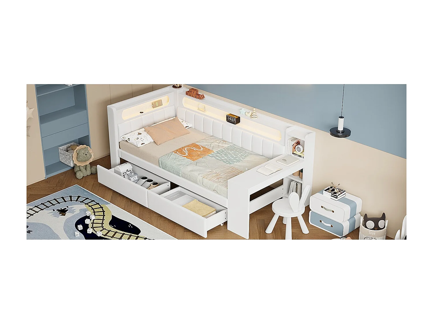 Lit banquette enfant 90x200 cm avec ports USB et LED ,bureau - Lit capitonné lin avec 2 tiroirs - Blanc