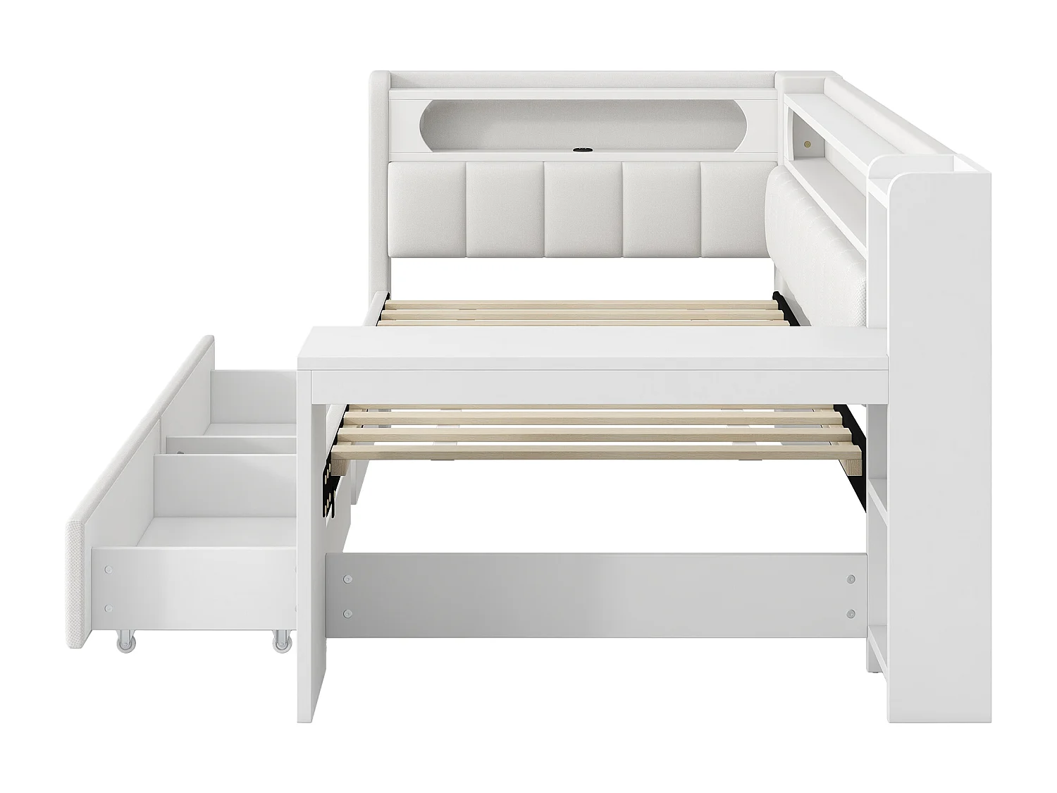 Lit banquette enfant 90x200 cm avec ports USB et LED ,bureau - Lit capitonné lin avec 2 tiroirs - Blanc