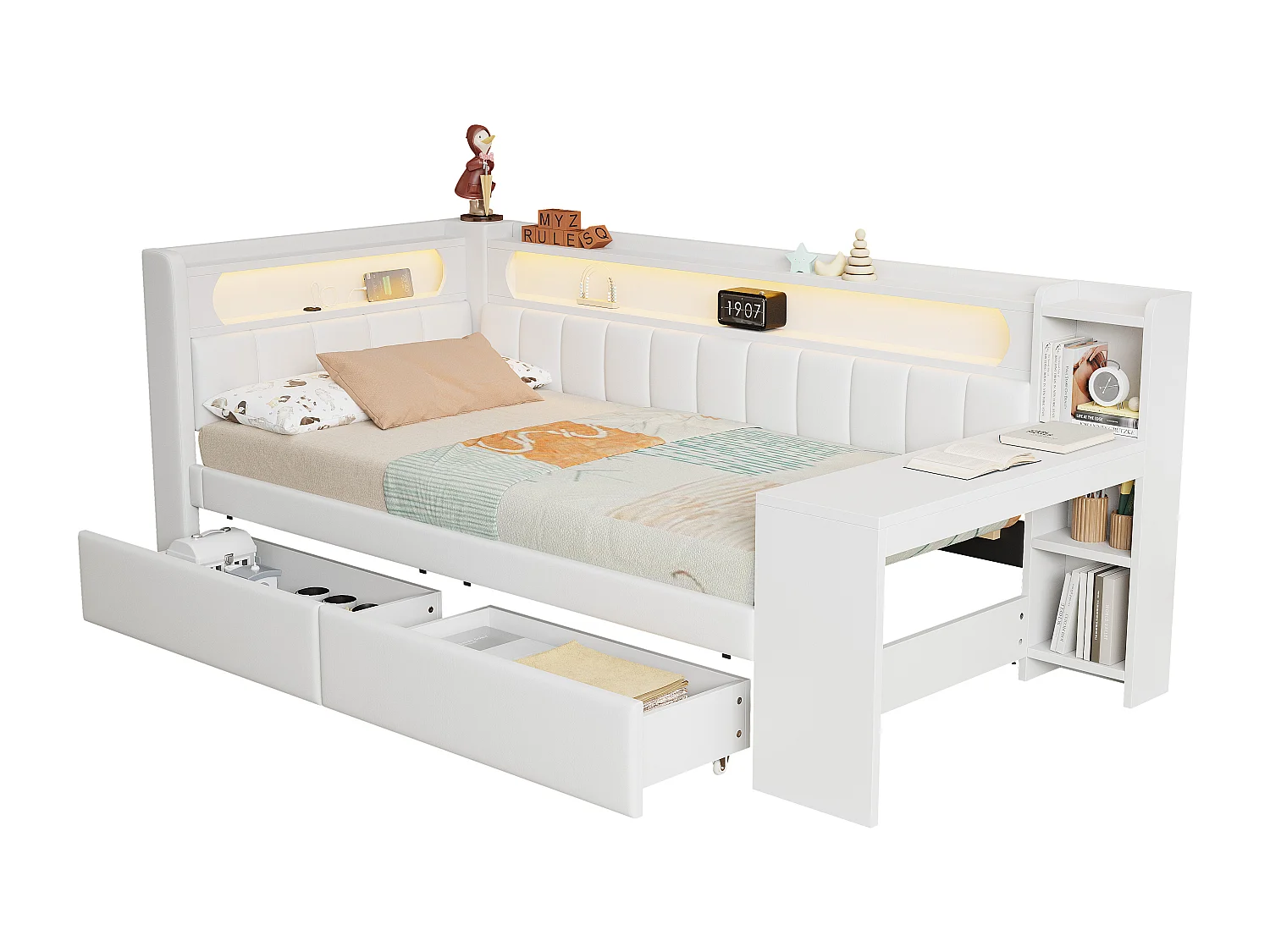 Lit banquette enfant 90x200 cm avec ports USB et LED ,bureau - Lit capitonné lin avec 2 tiroirs - Blanc