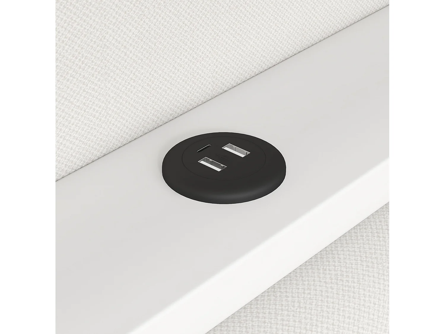 Lit banquette enfant 90x200 cm avec ports USB et LED ,bureau - Lit capitonné lin avec 2 tiroirs - Blanc