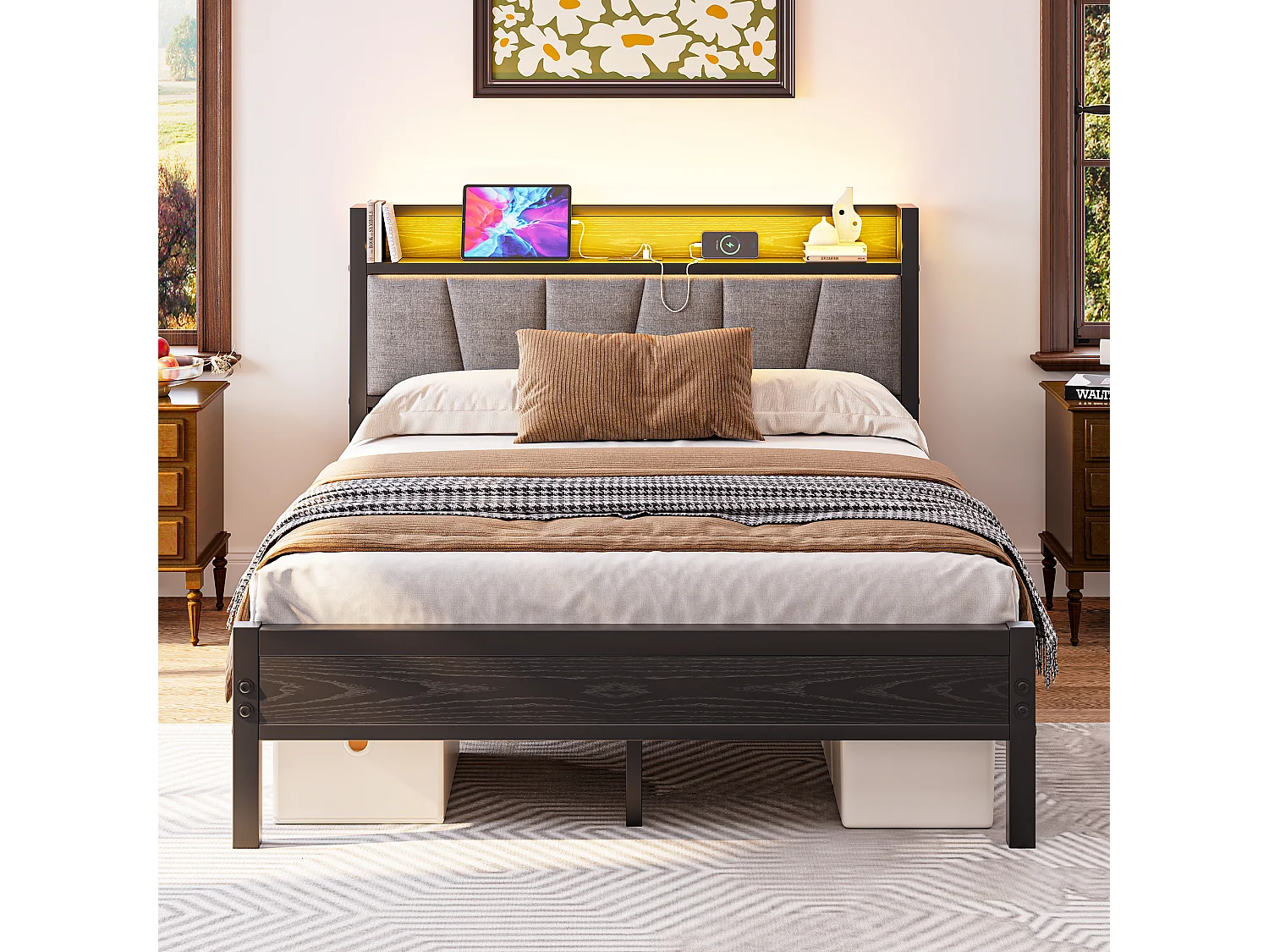 Lit adulte 140x190cm noir avec LED et USB - Cadre de lit avec sommier à lattes métallique