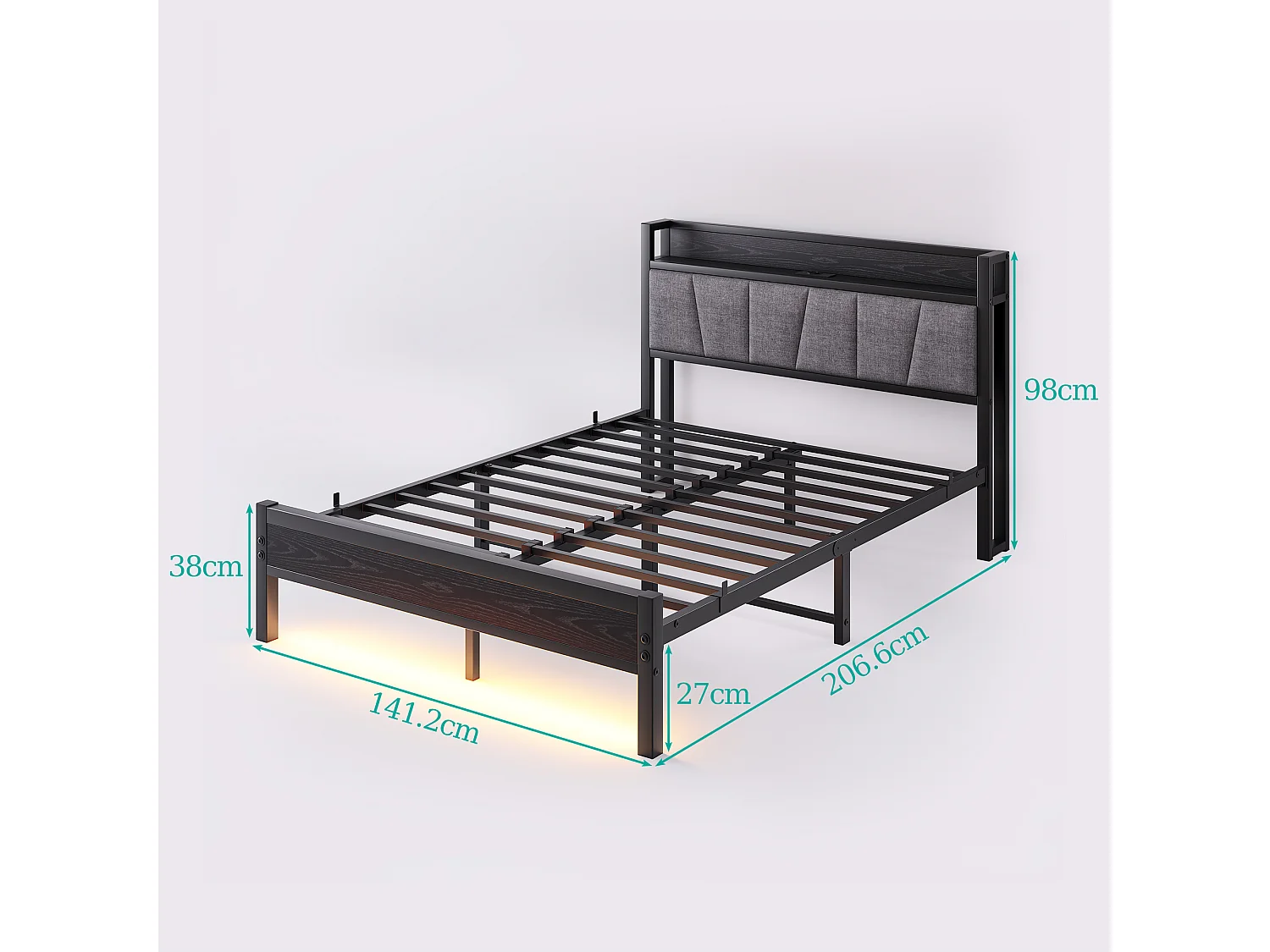 Lit adulte 140x190cm noir avec LED et USB - Cadre de lit avec sommier à lattes métallique