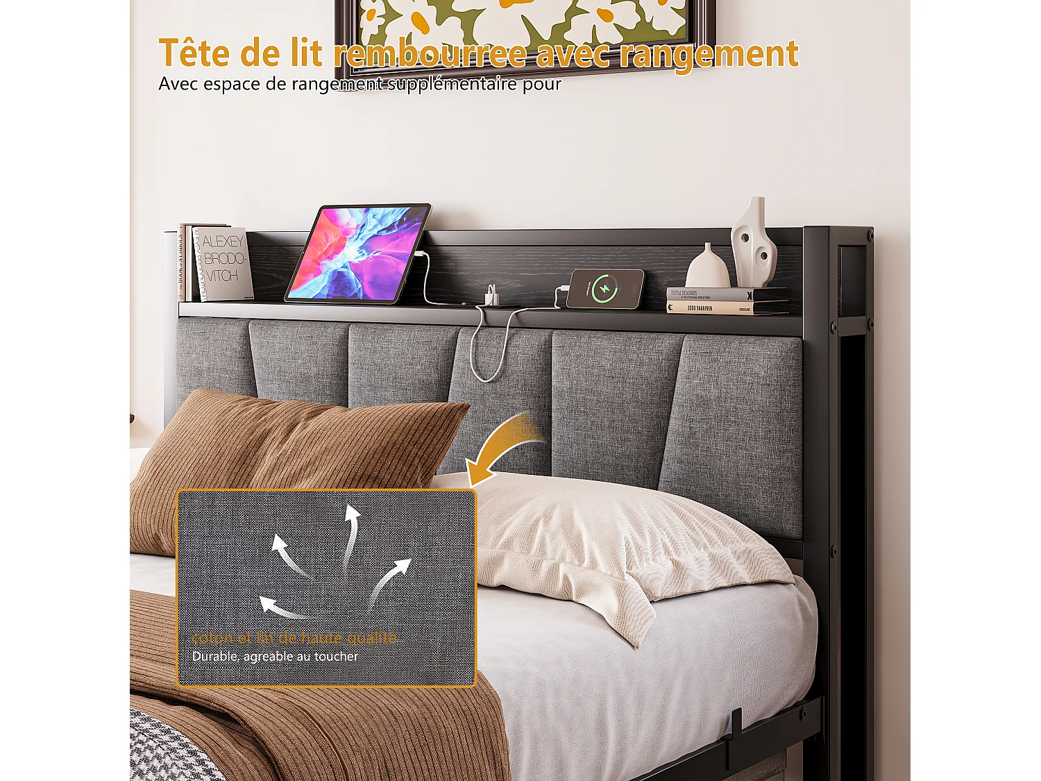 Lit adulte 140x190cm noir avec LED et USB - Cadre de lit avec sommier à lattes métallique