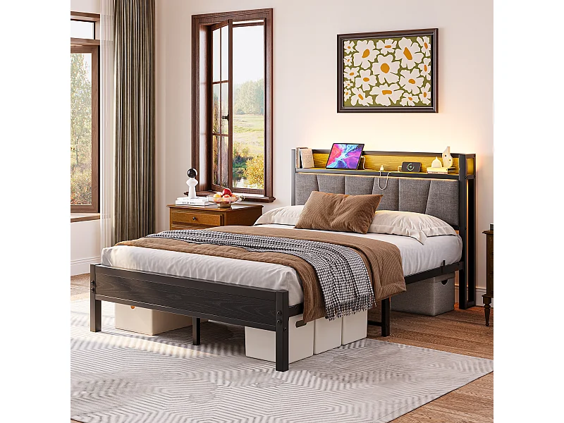 Lit adulte 140x190cm noir avec LED et USB - Cadre de lit avec sommier à lattes métallique