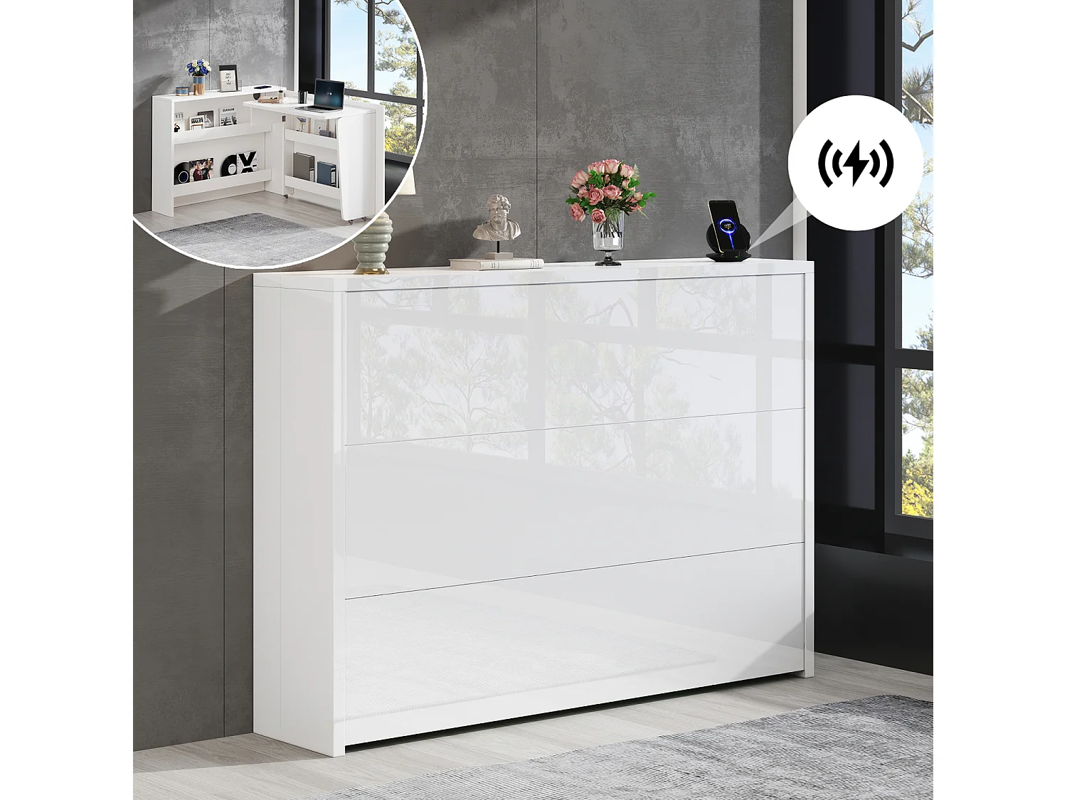 Bureau pliable à roulettes avec chargeur sans fil - Finition brillante blanche