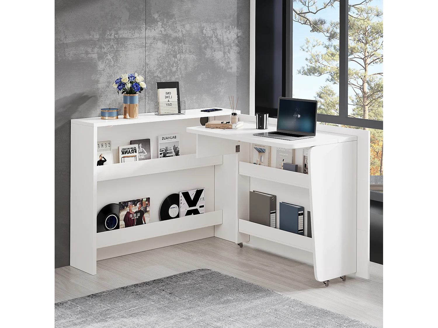 Bureau pliable à roulettes avec chargeur sans fil - Finition brillante blanche