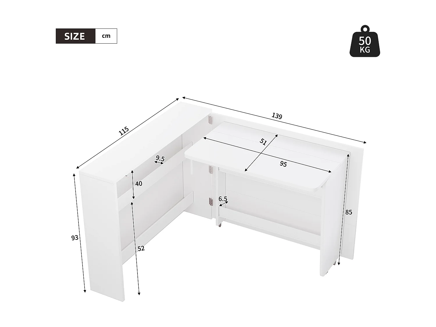 Bureau pliable à roulettes avec chargeur sans fil - Finition brillante blanche