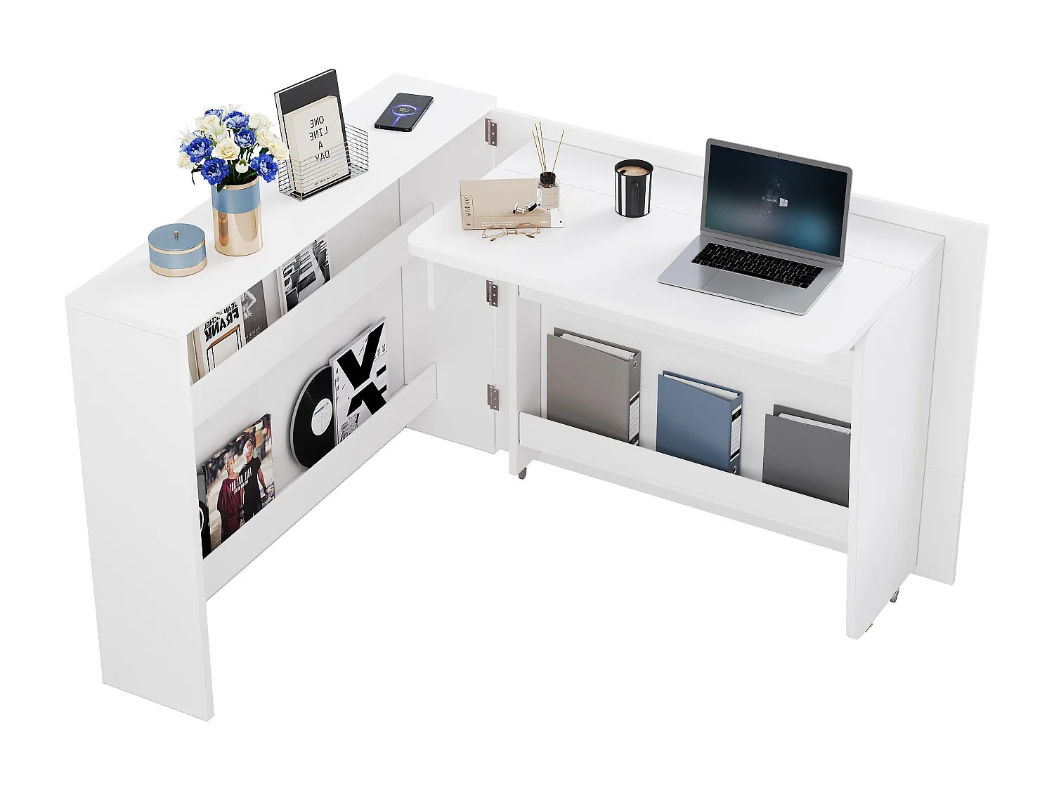 Bureau pliable à roulettes avec chargeur sans fil - Finition brillante blanche
