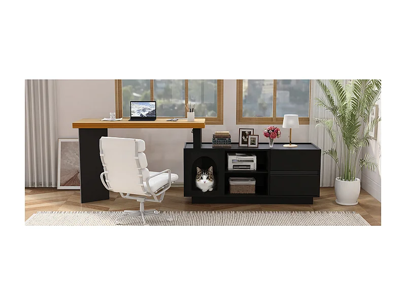 Hoekbureau van MDF - geïntegreerd dierencompartiment en 2 lades - Zwart