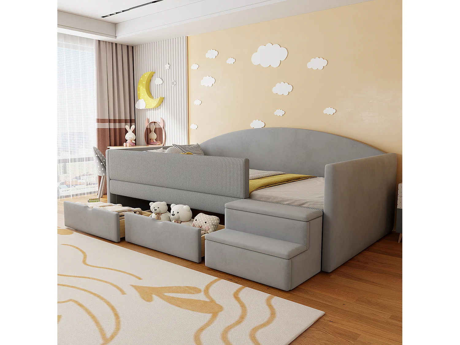 Lit banquette enfant 90 x 190 cm avec 2 tiroirs, barres de sécurité et marchepied -Velours gris clair, sans matelas