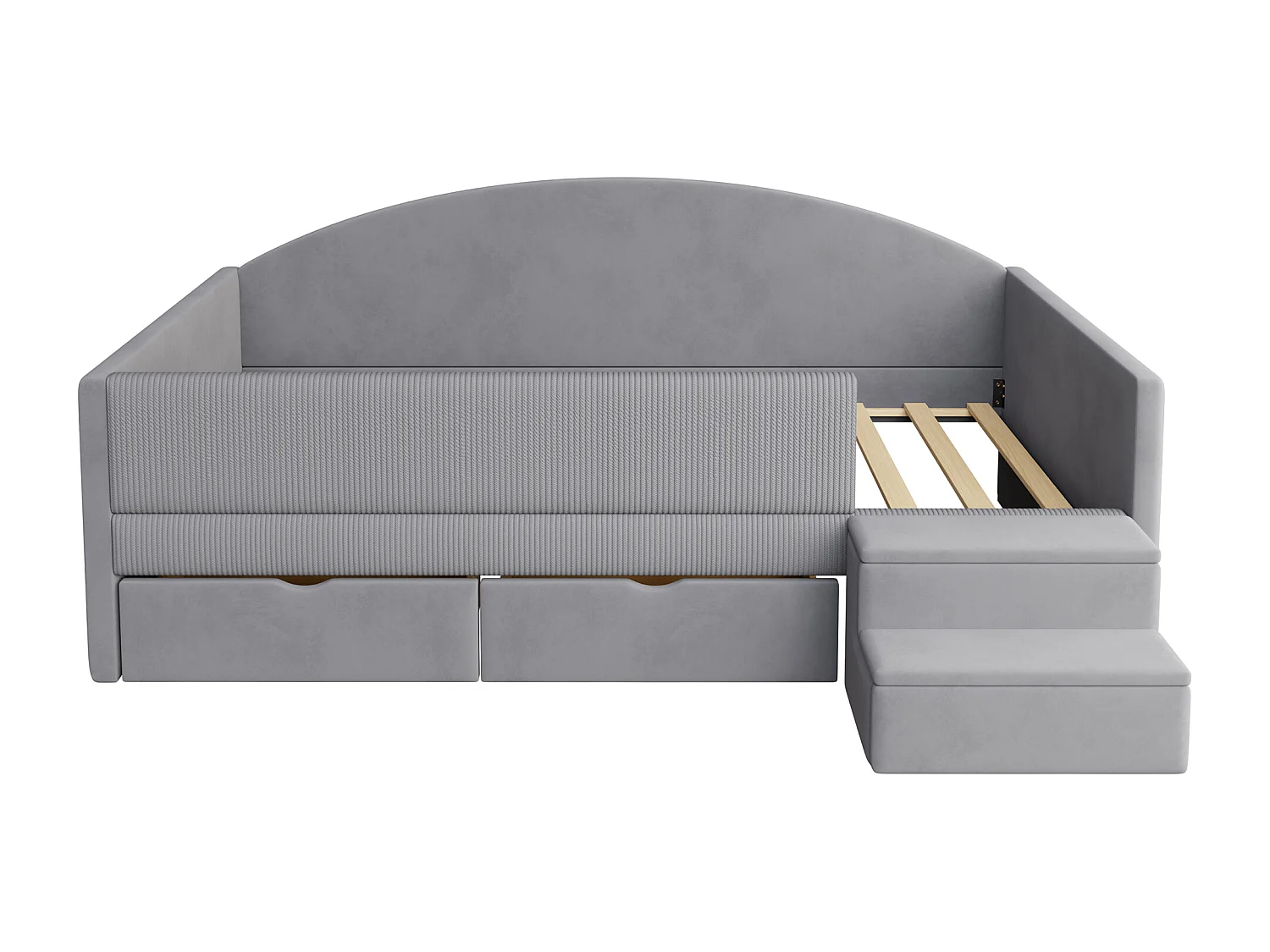 Lit banquette enfant 90 x 190 cm avec 2 tiroirs, barres de sécurité et marchepied -Velours gris clair, sans matelas