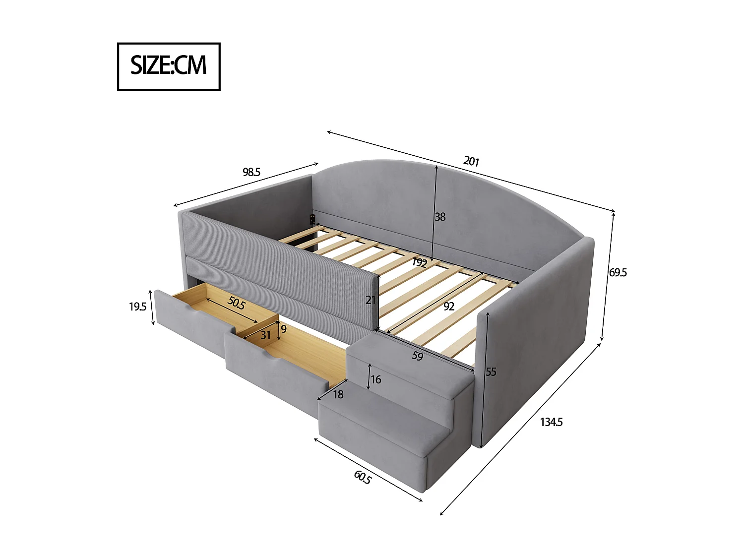 Lit banquette enfant 90 x 190 cm avec 2 tiroirs, barres de sécurité et marchepied -Velours gris clair, sans matelas