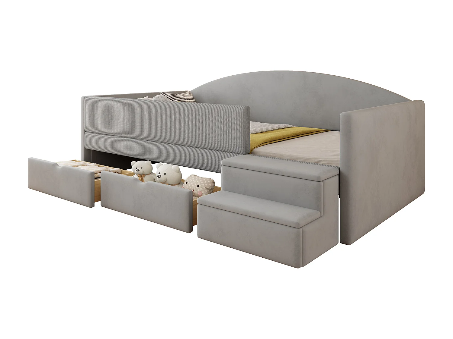 Lit banquette enfant 90 x 190 cm avec 2 tiroirs, barres de sécurité et marchepied -Velours gris clair, sans matelas