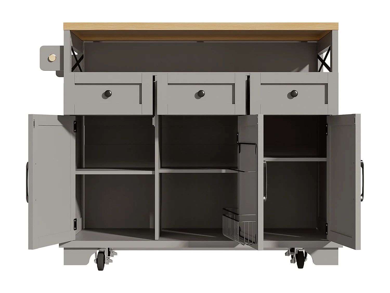 Îlot de cuisine 118 × 43-80 × 98 cm - 3 portes et 3 tiroirs - Gris et naturel clair