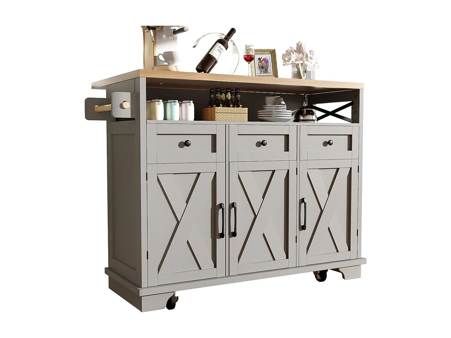 Îlot de cuisine 118 × 43-80 × 98 cm - 3 portes et 3 tiroirs - Gris et naturel clair