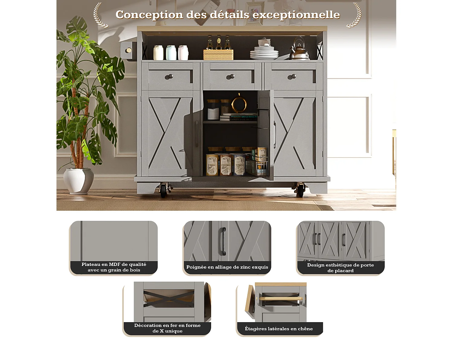 Îlot de cuisine 118 × 43-80 × 98 cm - 3 portes et 3 tiroirs - Gris et naturel clair