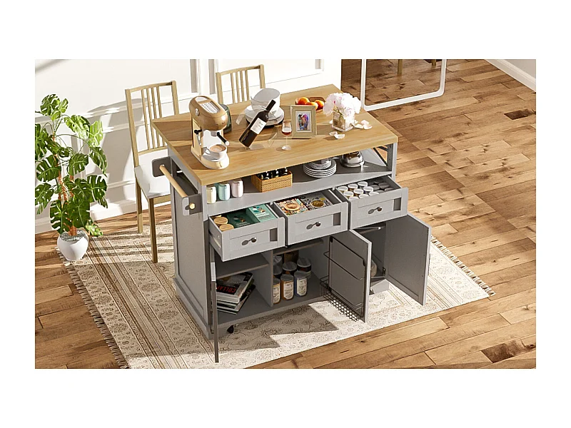 Îlot de cuisine 118 × 43-80 × 98 cm - 3 portes et 3 tiroirs - Gris et naturel clair